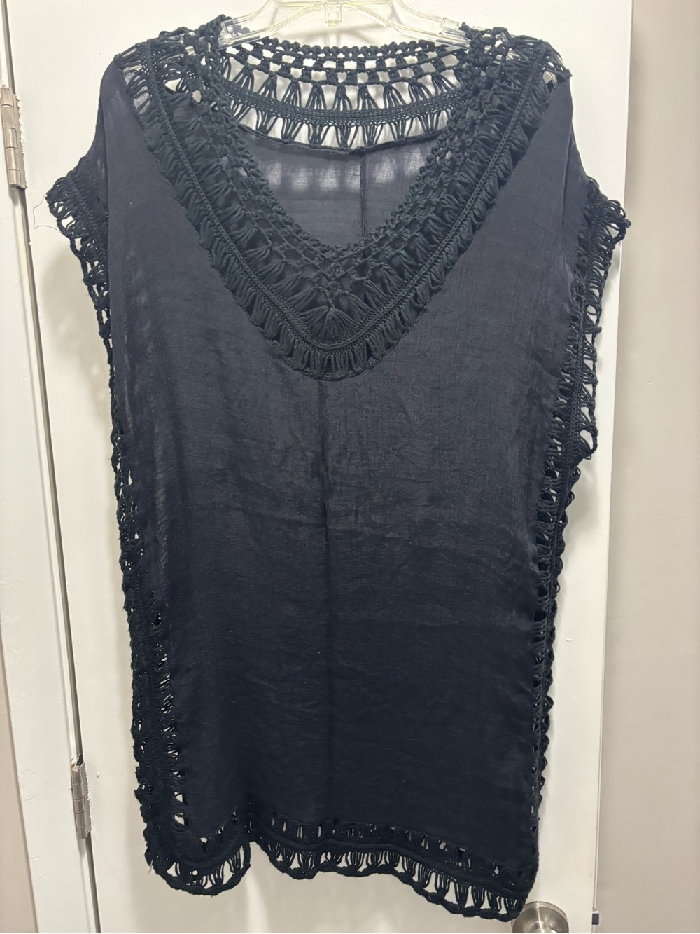 Black Crochet-Trim V-Neck Beach Cover-Up